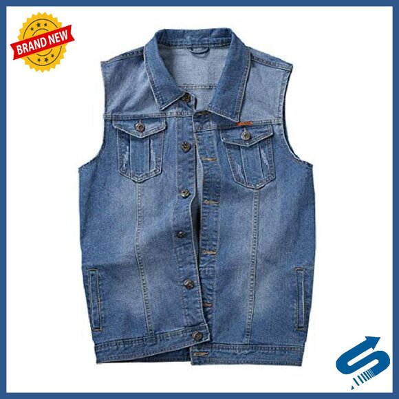 Men's Denim Vest Sleeveless Jacket Vintage Style Button Up Casual - Picture 2 of 6